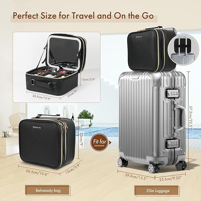 Travel Makeup Bag with LED Mirror Double Layer, Detachable Vanity Mirror with Lights, Tri-light Dimmable, Makeup Case with Adjustable Dividers and Brush Holder Cosmetic Organizer Storage Box