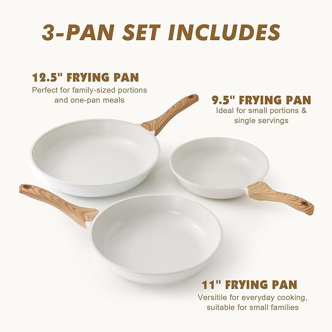 SENSARTE Nonstick Frying Pan Skillets, White Ceramic Coating Omelette Pans, Healthy Cookware Chef's Pan, Free of PTFE & PFAS (9.5+11+12.5 Inch)