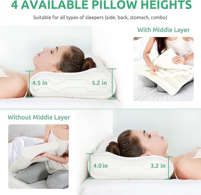UTTU Cervical Pillow for Neck Strain Relief, Memory Foam Neck Pillow for Sleeping, Adjustable Orthopedic Sandwich Pillow, Contour Cooling for Side Back Stomach Sleeper, Travel(15.7"×11"×5.2"/4.5")