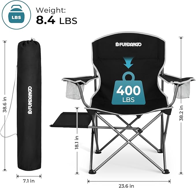 FUNDANGO Folding Camping Chair with Table, Portable Heavy Duty Outdoor Padded Chairs for Adults with Cup Holders for Lawn Beach Picnic Outside Travel (Black)