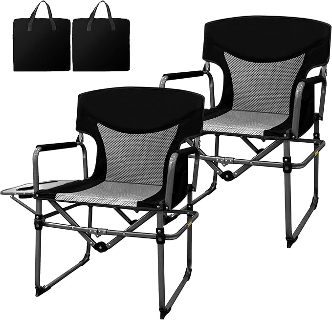 Romswi Director Chairs for Outdoor, Folding Camping Chair, Compact Directors Chair Side Table and Side Bag, Heavy Duty Oversize Seat for Beach Fishing Picnic Chairs, Holds up to 300 lbs Black 2 Pcs