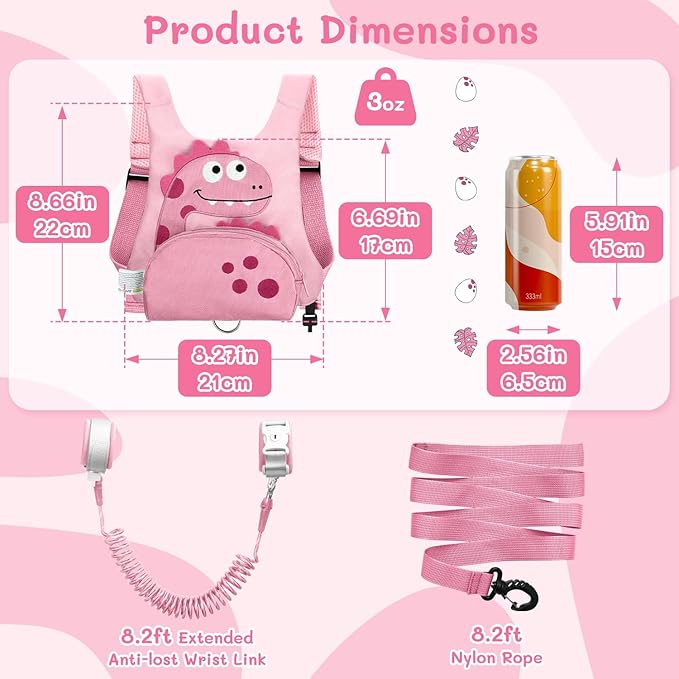 Dr.meter 3 in 1 Toddler Harness Leash + 8.2ft Anti Lost Wrist Link, Cute Dinosaur Kids Anti Lost Leash with Key Lock, Child Walking Harness for Parent Boys Girls Keep Kids Close, Travel Essensials