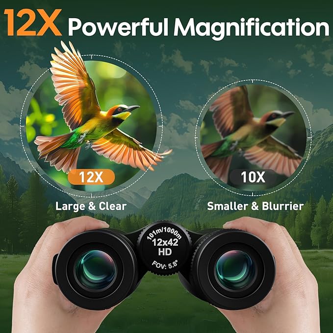 12x42 Binoculars for Adults High Powered: Waterproof HD Bird Binoculars - Large View Easy Focus with Clear Low Light Vision for Hunting Hiking Bird Watching Travel Cruise Green
