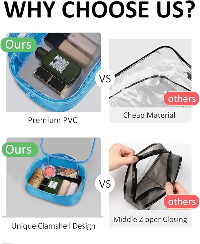 Moyad TSA Approved Clear Toiletry Bag, 2 Pack Quart Size 3-1-1 Liquids Pouch for Travel, Transparent Makeup & Cosmetic Organizer for Women Men, Blue