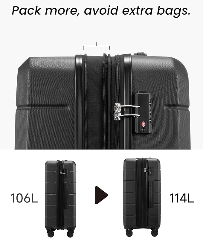 28 Inch Luggage, Expandable Hardside Large Checked Suitcases with Wheels, Black