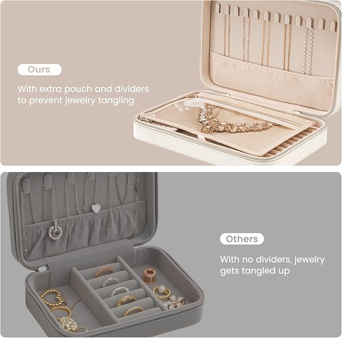 Lolalet Travel Jewelry Case for Women, Travel Jewelry Organizer Box with Mirror & Clear Storage Bag, Small Portable Traveling Earring Necklace Bracelet Ring Case, Bridesmaid Gifts -Large, White