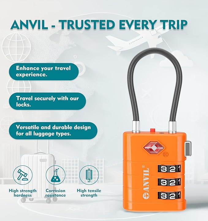 ANVIL TSA Approved Luggage Locks – High Security TSA008 Combination Travel Locks with Inspection Indicator for Suitcases and Backpacks. (4, Orange)