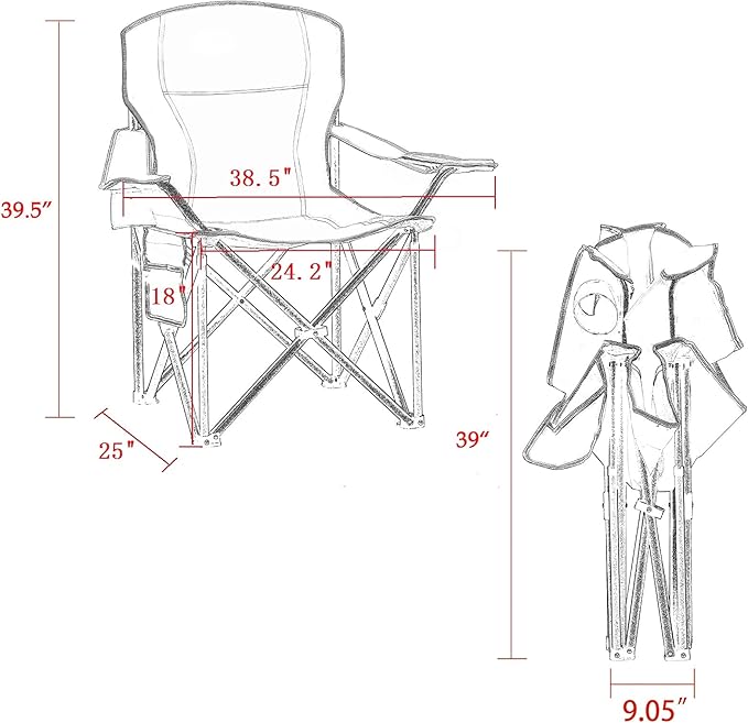 Padded Camping Chairs for Adults, Oversized Folding Outdoor Chairs Red Color, Weight Capacity 475lbs, with Cooler Bag, Cup Holder, Storage Pocket, Carry Bag