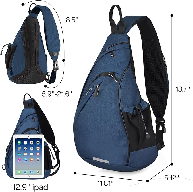 mixi Sling Bag Men Backpack Unisex One Shoulder Bag Hiking Travel Backpack Crossbody with USB Port for Men Women Versatile Casual Daypack-19 inch,Dark Blue