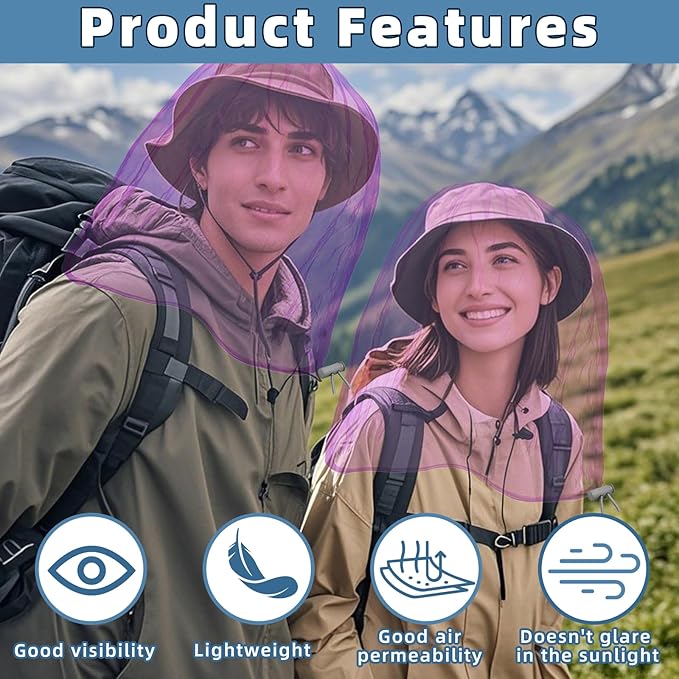 Oversized Mosquito Net 42 x 25 Inches Ultra Large Mosquito Head Net Face Neck Fly Mesh Netting Fits All Hats for Outdoor Camping Hiking Fishing Gardening Safari(Light Purple)