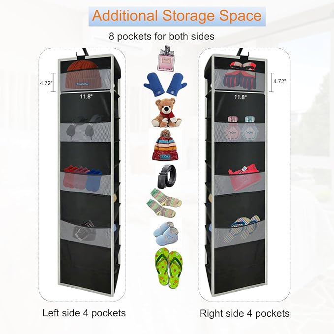 Large-Sized Hanging Shoe Organizer 10-Shelf, Sturdy Hanging Closet Organizer with 8 Side Pockets, Wider Hanging Shelves for Storage Shoes Clothes Jeans Shirts Toys, Black