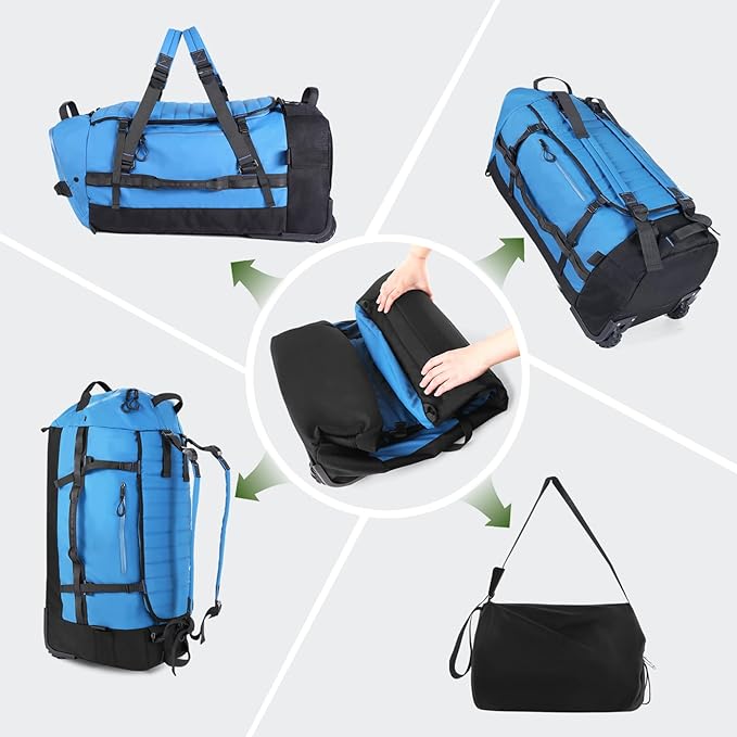 Vomgomfom 86L Collapsible Wheeled Luggage With Removable Backpack Straps,Waterproof Rolling Duffle Bag with Quilted Base,No Telescope Handle,Blue