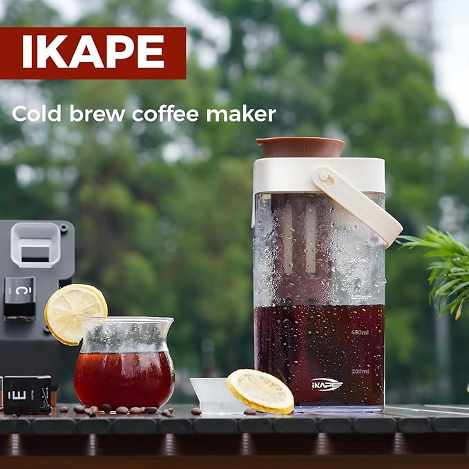 IKAPE 33.8oz Cold Brew Coffee Maker with Removable Filter, Leak-proof Spout for Iced Coffee, Tea & Flavored Drinks, Space Saving Tritan Pitcher (Brown)