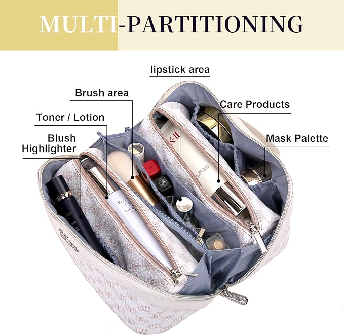 BOYATU Travel Makeup Bag Cosmetic Bags for Women: 3 Pcs Set Portable Make up Bag with Handle - Vegan Leather Toiletry Bags with Compartments - Makeup Organizer for Travel Essentials(02-White)