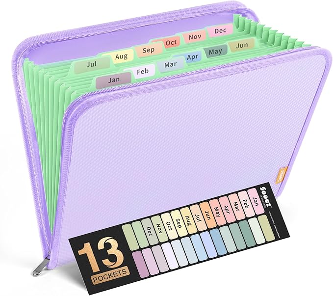 Sooez 13 Pocket Accordion File Organizer, Zipper Expanding File Folder Organizer, Reinforced Plastic Accordion Folder, A4 Letter Size, Portable Folders for Documents, Purple