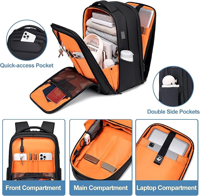 FENRUIEN Expandable Travel Backpack 15.6 Inch, Water Resistant Backpack with USB Charging Port, Black Laptop Bag for Work/Commuter/College