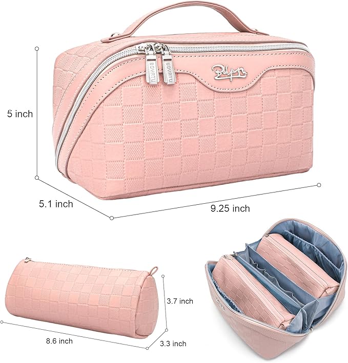 Travel Makeup Bag Organizer Cosmetic Bag: 3 Pcs Set Make up Bags for Women with Handle - Waterproof Vegan Leather Toiletry Bags with Comparments (C-05-Pink)