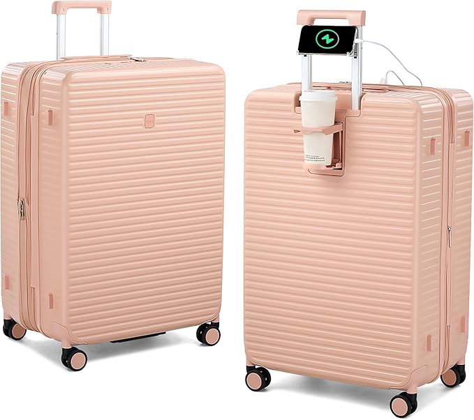 Hard Shell Suitcases Expandable Luggage 28 Inch, Large Checked Luggage Check In Travel Luggage with Spinner Wheels Cup Holder Charger Built in Lightweight Suitcase, Pink