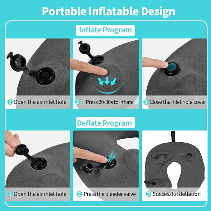 Inflatable Travel Neck Pillow for Airplane, Head Support Velvet Adult Neck Pillow for Long Flight, Kit with Eye Mask, Earplugs and Storage Bag,1, Dark Gray