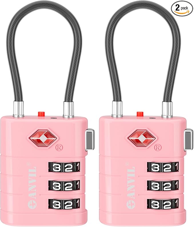 ANVIL TSA Approved Luggage Locks – High Security TSA008 Combination Travel Locks with Inspection Indicator for Suitcases and Backpacks. (2, Pink)