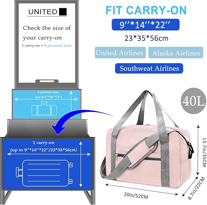 Foldable Carry on Luggage Bag 22x14x9 Personal Item Bag for Airplanes Travel Duffel Bags for Women and Men (40L, Pink)