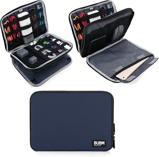 BUBM Double Layer Electronics Organizer, Travel Gadget Bag for Cables, Memory Cards, Flash Hard Drive and More, Fit for iPad or Tablet(up To 9.7")--Large, Dark Blue