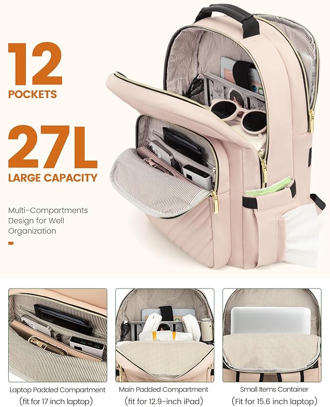 LOVEVOOK Laptop Backpack Purse for Women, Work Travel Computer Bags, College School Backpack for Student Girl, Quilted Casual Daypack with USB Port, Fit 15.6 Inch Laptop, Antiquewhite