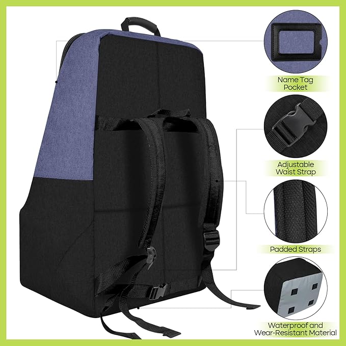 Padded Car Seat Travel Bag for Airplane, Heavy Duty Backpack for Air Travel, Water-Resistant Carrier with Shoulder Strap, Fits Most Car Seats (Blue+Black)