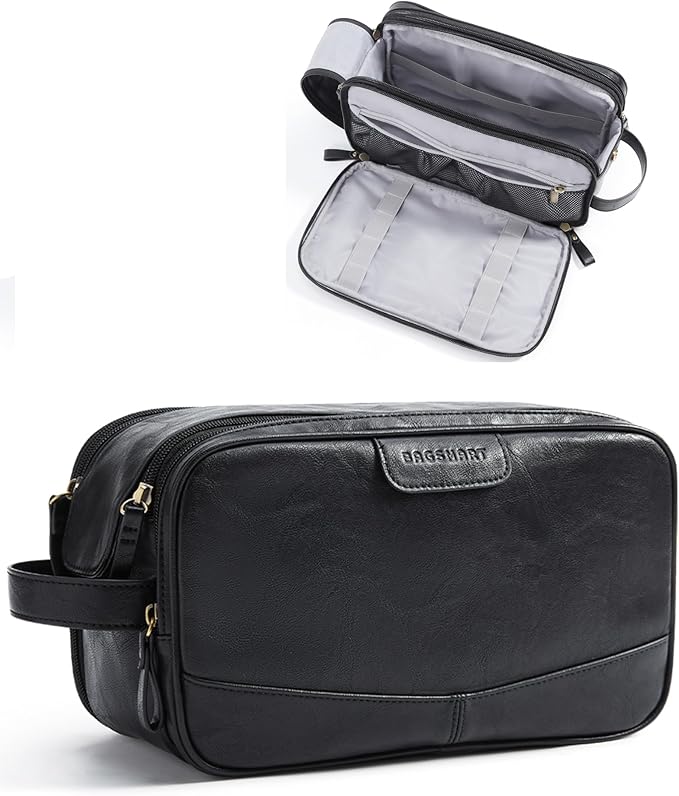 BAGSMART Toiletry Bag for Men, PU Leather Travel Bag for Toiletries, Dopp Kit Water Resistant Shaving Bag for Bathroom Shower-Black