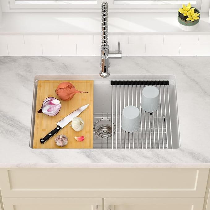 Dcolora 28 Inch White Undermount Kitchen Sink Workstation Single Bowl Modern Kitchen Sink Granite Composite,#DC-GU0003WS
