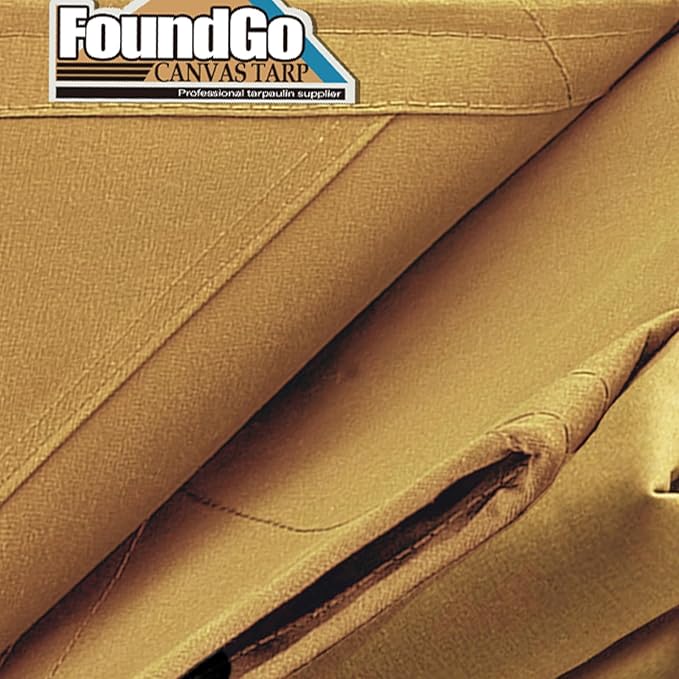FoundGo 10x12ft Canvas Tarp 22 Mil Tarps 14 oz Canvas Tarpaulin Heavy Duty Cloth Water/UV Resistant Cover with Rustproof Grommets & Ropes for Cars,Roofs,Boats,Camps,Sunshades，Moisture Barrier -Tan