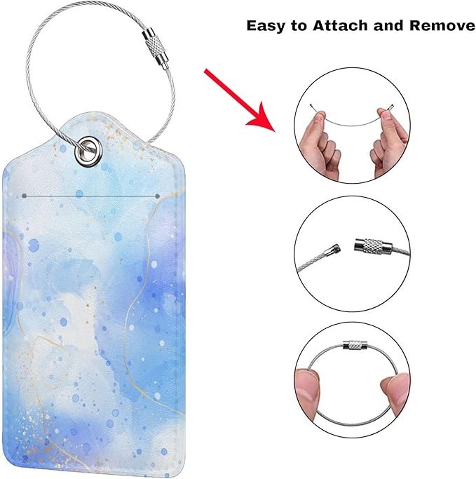 Light Blue Luggage Tags for Suitcases, 2 Pieces PU Leather Bag Tags with Full Back Privacy Cover Name ID Card Stainless Steel Loop, Blue and Gold Marble Baggage Tags for Women Girls Men Boys Travel