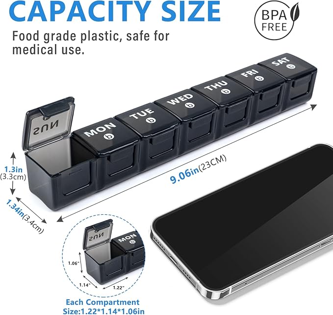 2-Pack Weekly Large Pill Organizer for Travel, 7 Day Pill Boxes and Organizer, Big Compartments Pill Case AM PM,14 Day XL Medication Organizer Dispenser for Fish Oils, Vitamin Holder Supplement