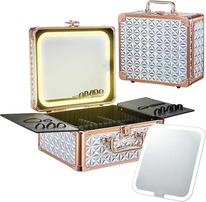 Makeup Train Case with Magnetic LED Mirror Makeup Organizer Box Travel Cosmetic Case with 3 Colors LED Mirror Portable Vanity Make up Suitcase with Lockable Keys Dividers Brush Holder, Silver