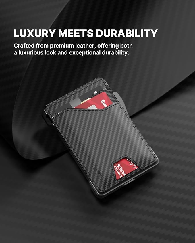 typecase Tactical Wallet for Men Card Holder: Pop Up Card Case, Genuine Leather, Smart, RFID Blocking, Slim, Minimalist, Thin, Front Pocket - 9-13 Card Capacitiy, ID Window, Money Clip (Carbon Fiber)