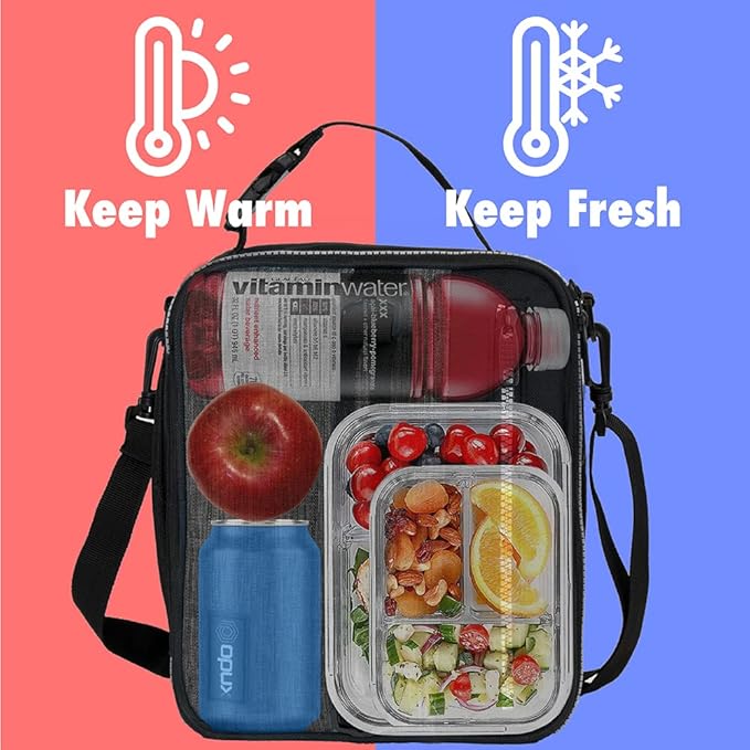 opux Insulated Lunch Box for Men Women Adult, Compact Lunch Bag for Kids Boy Girl Teen, Soft Lunch Cooler Bag for Work School, Leakproof Lunchbox Lunch Pail with Clip-on Buckle, Heather Charcoal