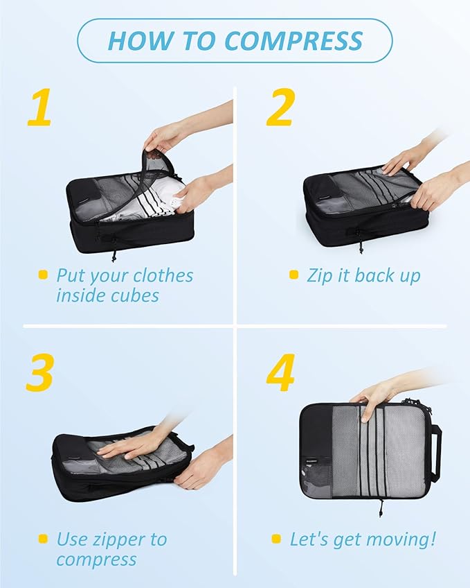 BAGSMART 6 Set Compression Packing Cubes - Lightweight Travel Essentials, Durable Luggage Organizer