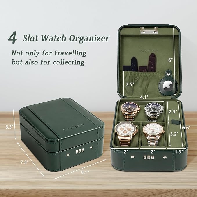 KAMIER Watch Case with Combination Lock - 4 Watch Storage and Jewelry Organizer - Watch Travel Case for Ring and Watch Storage, PU Leather Travel Watch Case, Ideal for Gift (With Gift Box), Green