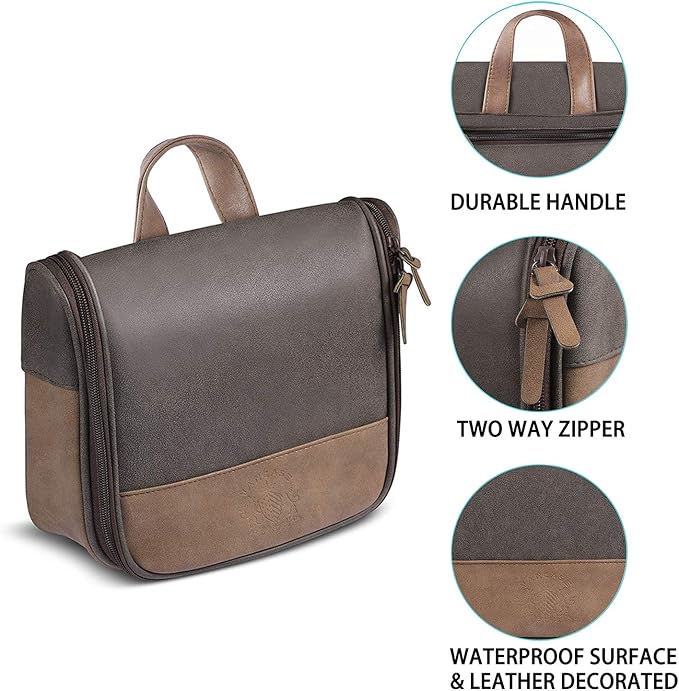 Hanging Toiletry Bag for Men VANCASE Vintage Leather Shaving Dopp Kit Medium Waterproof Travel Bathroom Bags Portable Shower Organizer
