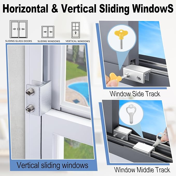 Sliding Window Locks - Horizontal & Up/Down, Adjustable Aluminum, 4 Sets Silver