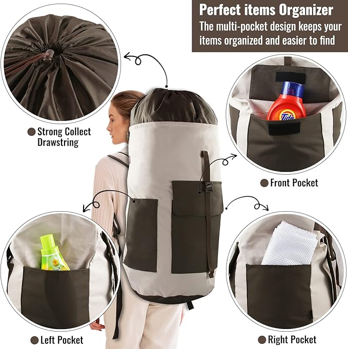 Laundry Bag Backpack, 125L Extra Large Travel Laundry Bags with Shoulder Straps, Adjustable & Extendable Design, Laundry Hamper Bag with 3 Pockets for Laundromat, College, Travel, Camping