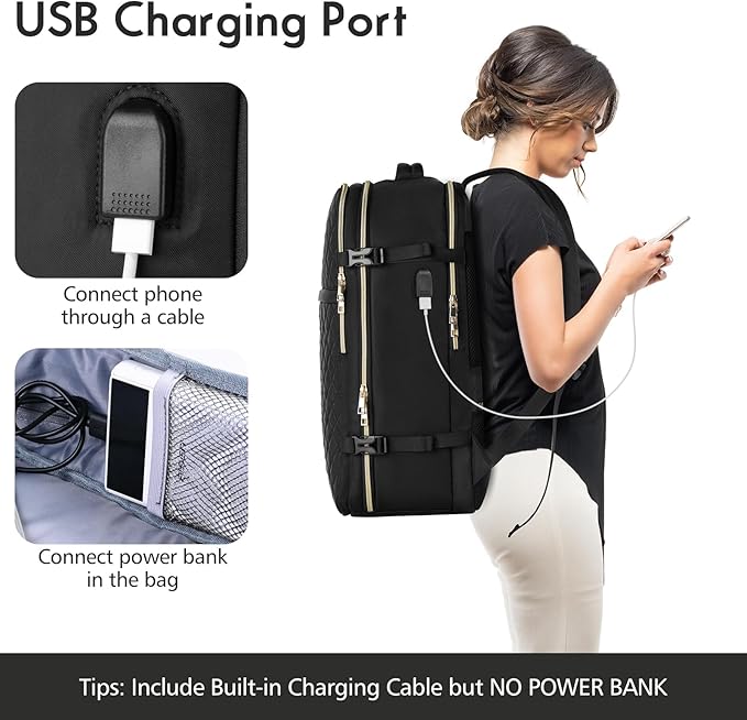 MOMUVO Large Travel Backpack Women, Flight Approved Carry On Backpack with 3 Packing Cubes, Water Resistant Anti-Theft Large School Bag Fit 18.4 Inch Laptop with USB Charging Port, Black