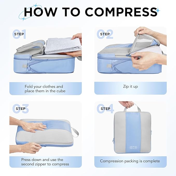 8 Set Compression Packing Cubes for Travel Essentials,Compressible Expandable Packing Cubes for Suitcase,OlarHike Luggage Organizer Bags for Travel,Handy Helper for Organizing Clothes(Light Blue)