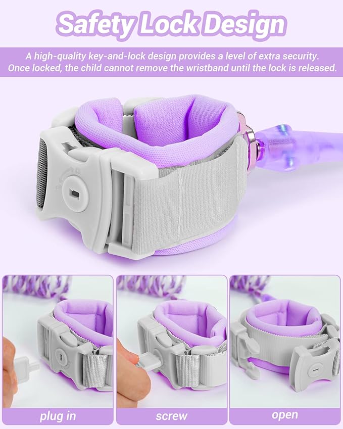 Dr.meter Anti Lost Wrist Link, 2 Pack Toddler Safety Leash with Key Lock, Reflective Child Walking Harness - Dual 8.2ft Length Pink & Purple Kids Leash for Outdoor, Kids Travel Essencials