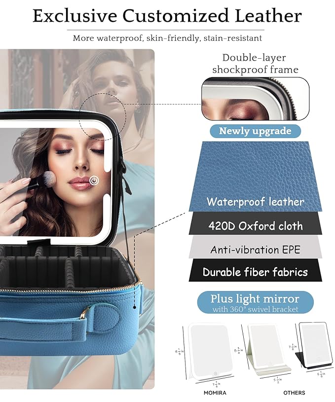 MOMIRA Travel Makeup Bag Cosmetic Bag with Lighted Mirror, Adjustable Brightness in 3 Color Scenarios/Detachable makeup mirror, All-round Upgrade, Waterproof, Gift for Women -Azure Blue