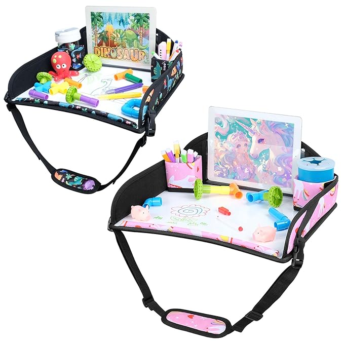 COOLBEBE Kids Travel Tray for Toddler Car Seat, 2PCS Travel Tray for Airplane, Toddler Car Seat Lap Tray, Carseat Table Tray for Kids Travel Activities(Dinosaur & Pink Unicorn)