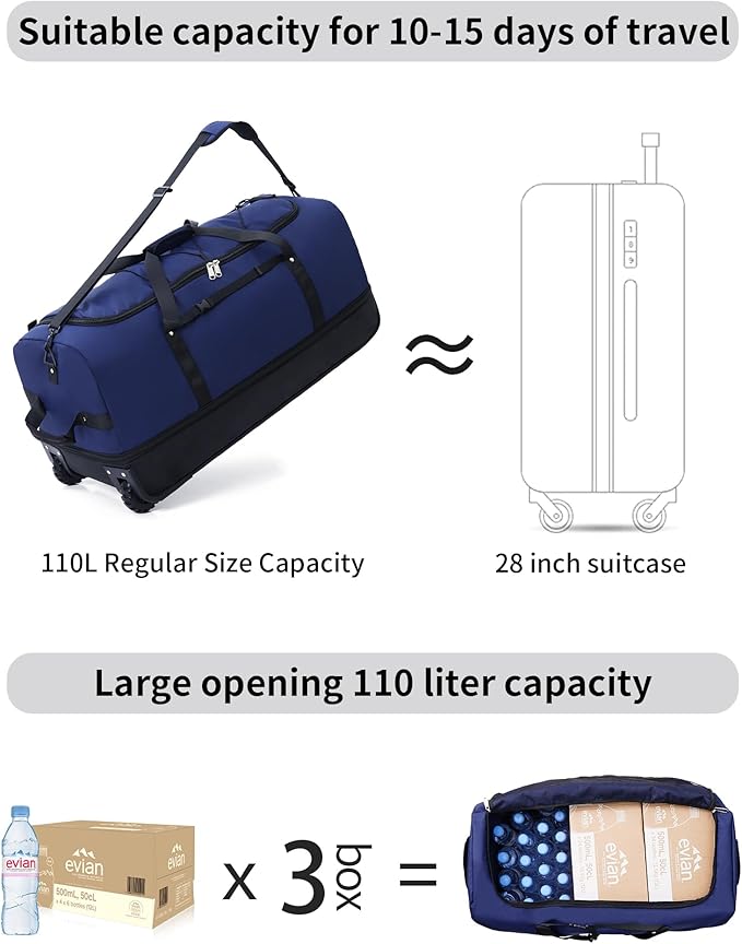 CONTAIL 32”110L Expandable 140L Rolling Duffle Bag with 2 Inline Wheels,Convertible Weekend Travel Bag with Bungee-Cord System,Navy