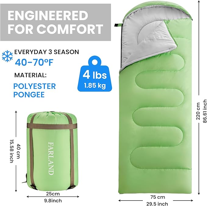 FARLAND Sleeping Bags 30℉ for Adults Teens Kids with Compression Sack Portable and Lightweight for 3-4 Season Camping, Hiking,Waterproof, Backpacking and Outdoors