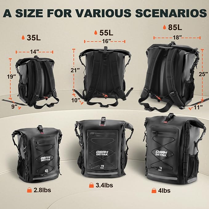 Waterproof Backpack Dry Bag 35L/55L/85L – Heavy Duty Roll-Top Hiking Backpack for Travel, Kayaking, Boating, Camping, Rafting and Fishing