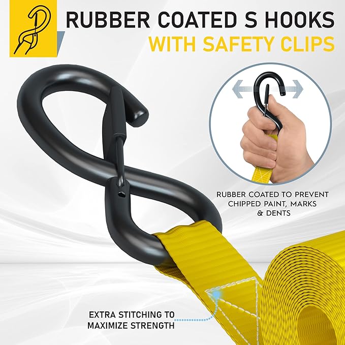 AUGO Ratchet Straps Heavy Duty 4 Pack -15 FT - 2200 LB Break Strength – with Safety Lock S Hooks - Cargo Straps for Moving, Appliances, Motorcycle – Soft Loop Tie Down Straps